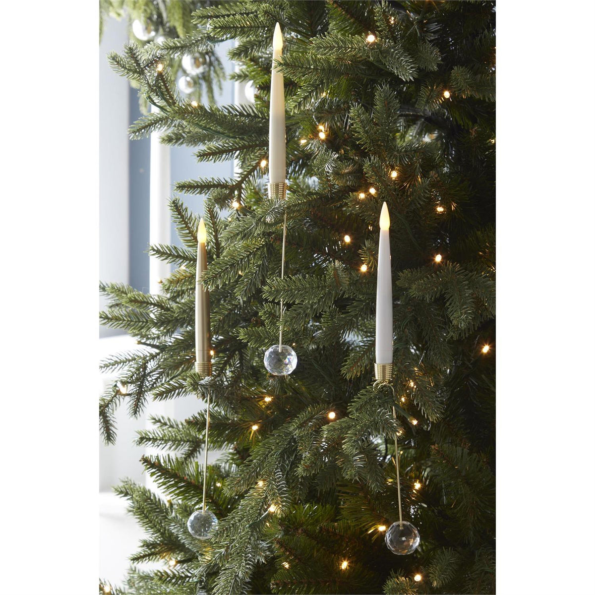 Set of 6 LED taper pendants with clear glass bases, warm white glow