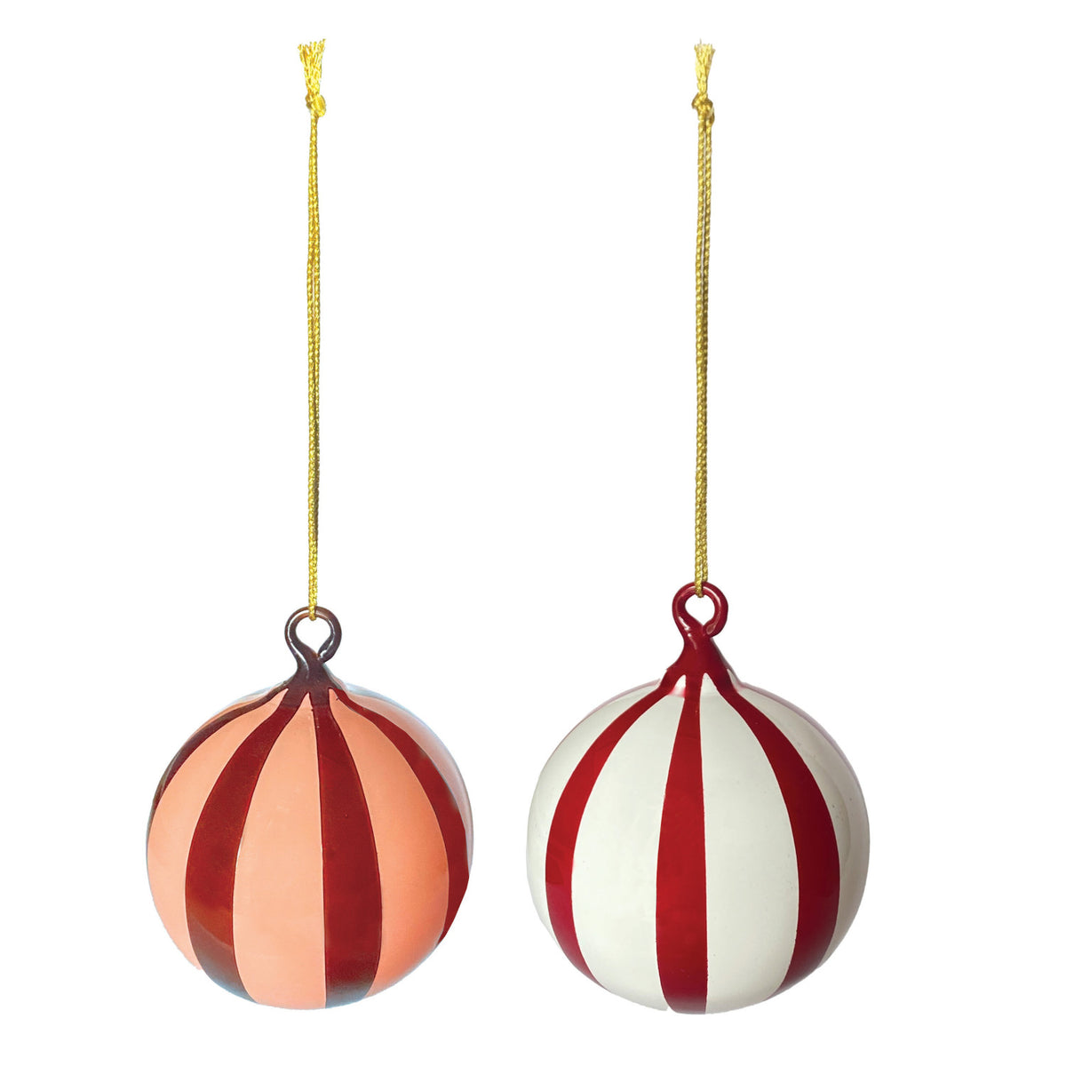 Two striped glass ball ornaments, red/white and peach/red stripes, hanging from gold hooks.