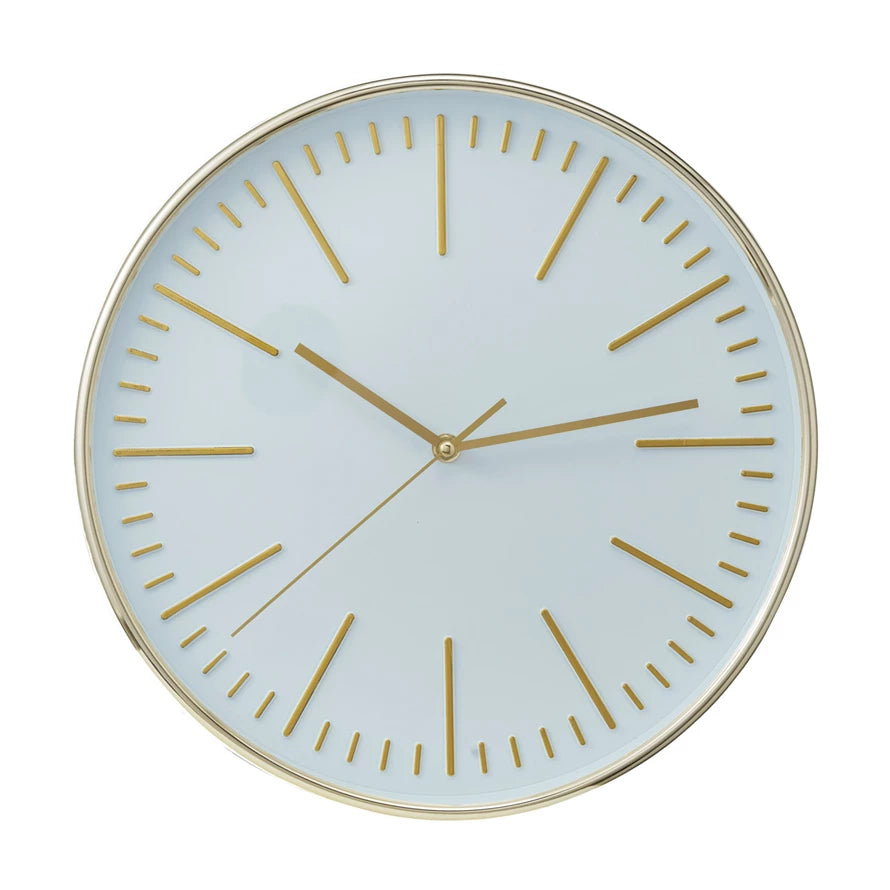 A round white and gold wall clock with a minimalistic design, featuring minute lines without numbers, and a gold metallic frame.