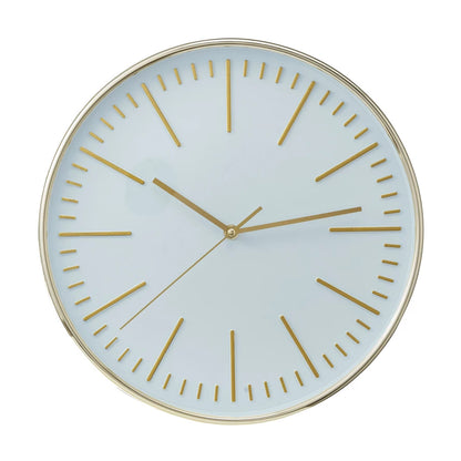 A round white and gold wall clock with a minimalistic design, featuring minute lines without numbers, and a gold metallic frame.
