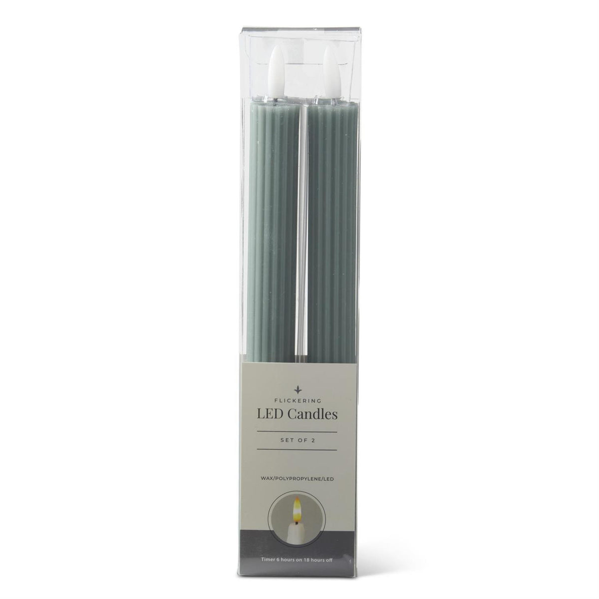 A set of two green LED taper candles in a clear plastic package with a paper label, shown against a plain white background.