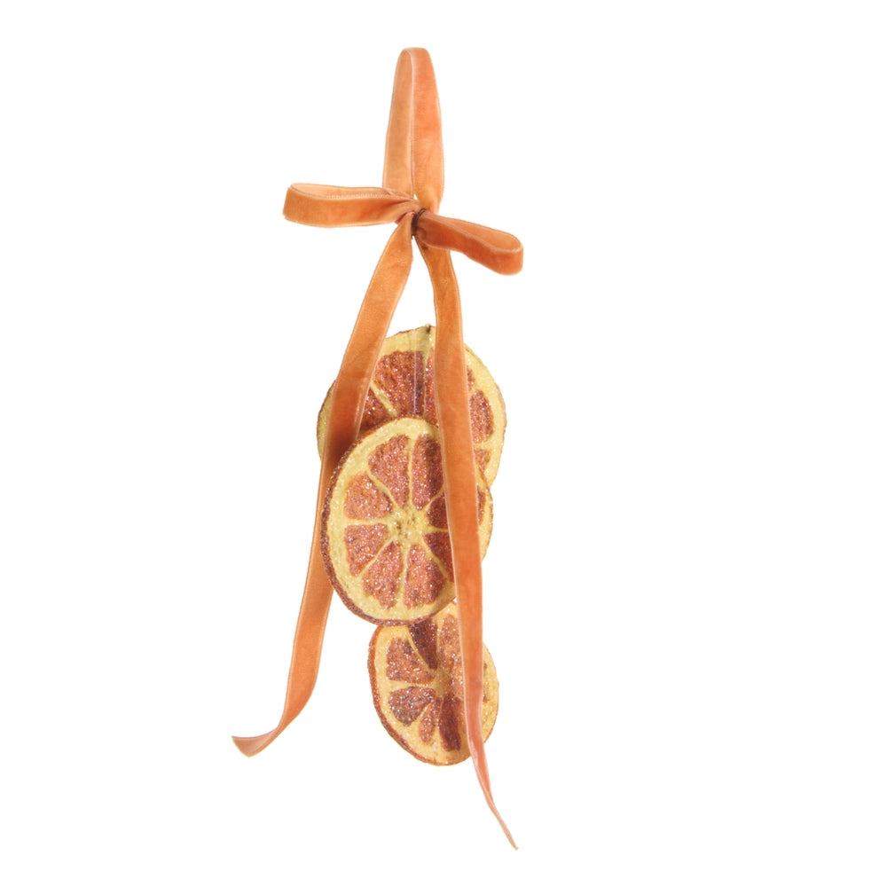 Orange slice ornament with glitter rind and orange ribbon bow and loop