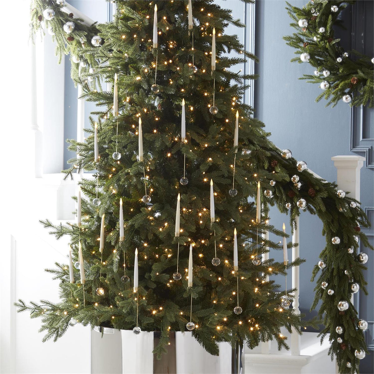 Set of 6 LED taper hanging pendants with clear glass baubles and warm lights