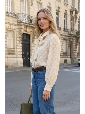 Tie Neck Polka Dot Puff Sleeve Blouse
