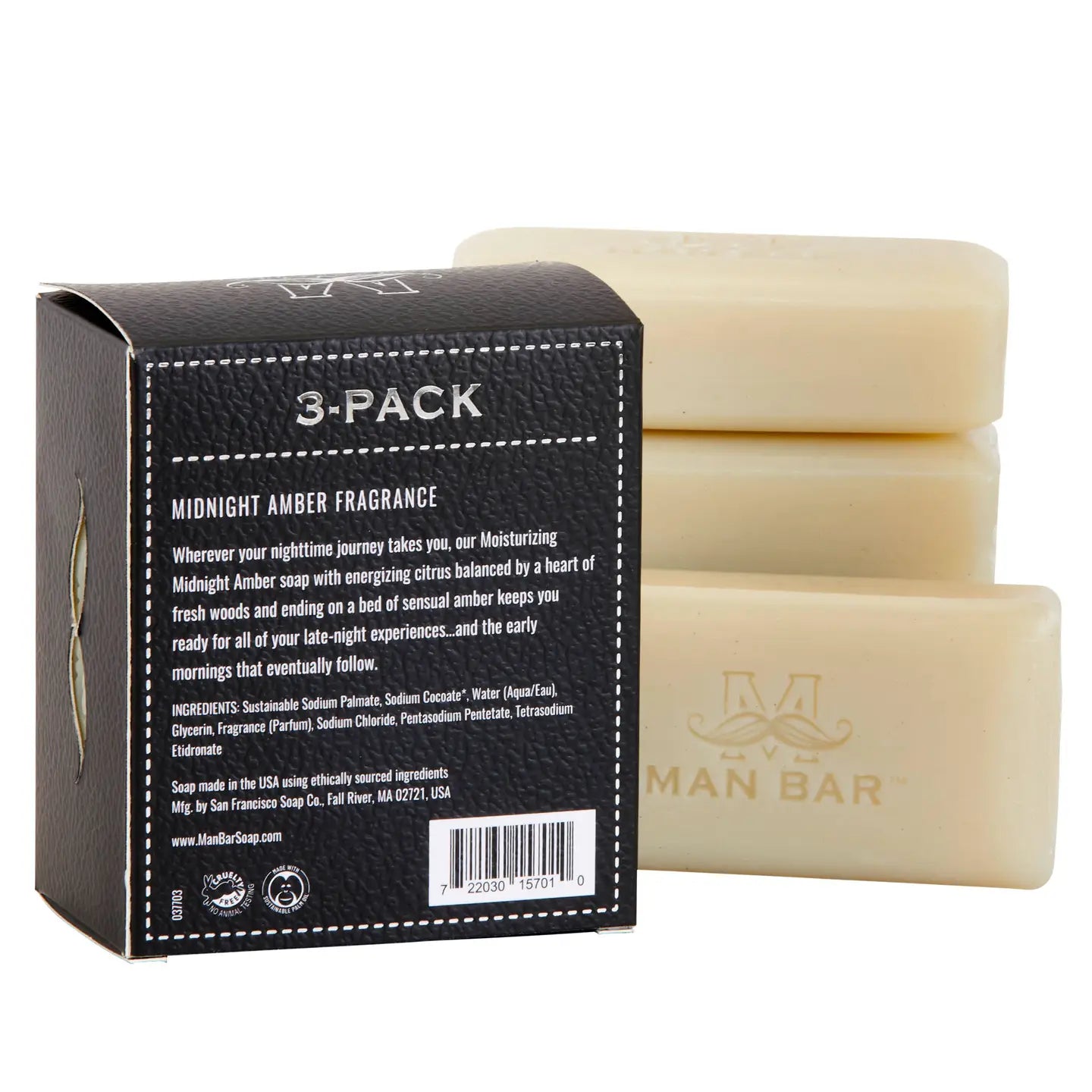 Man Bar soap with packaging displaying '3-Pack' and 'Midnight Amber Fragrance' on a white background.