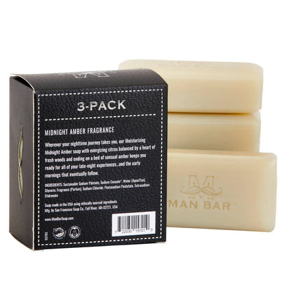Man Bar soap with packaging displaying '3-Pack' and 'Midnight Amber Fragrance' on a white background.