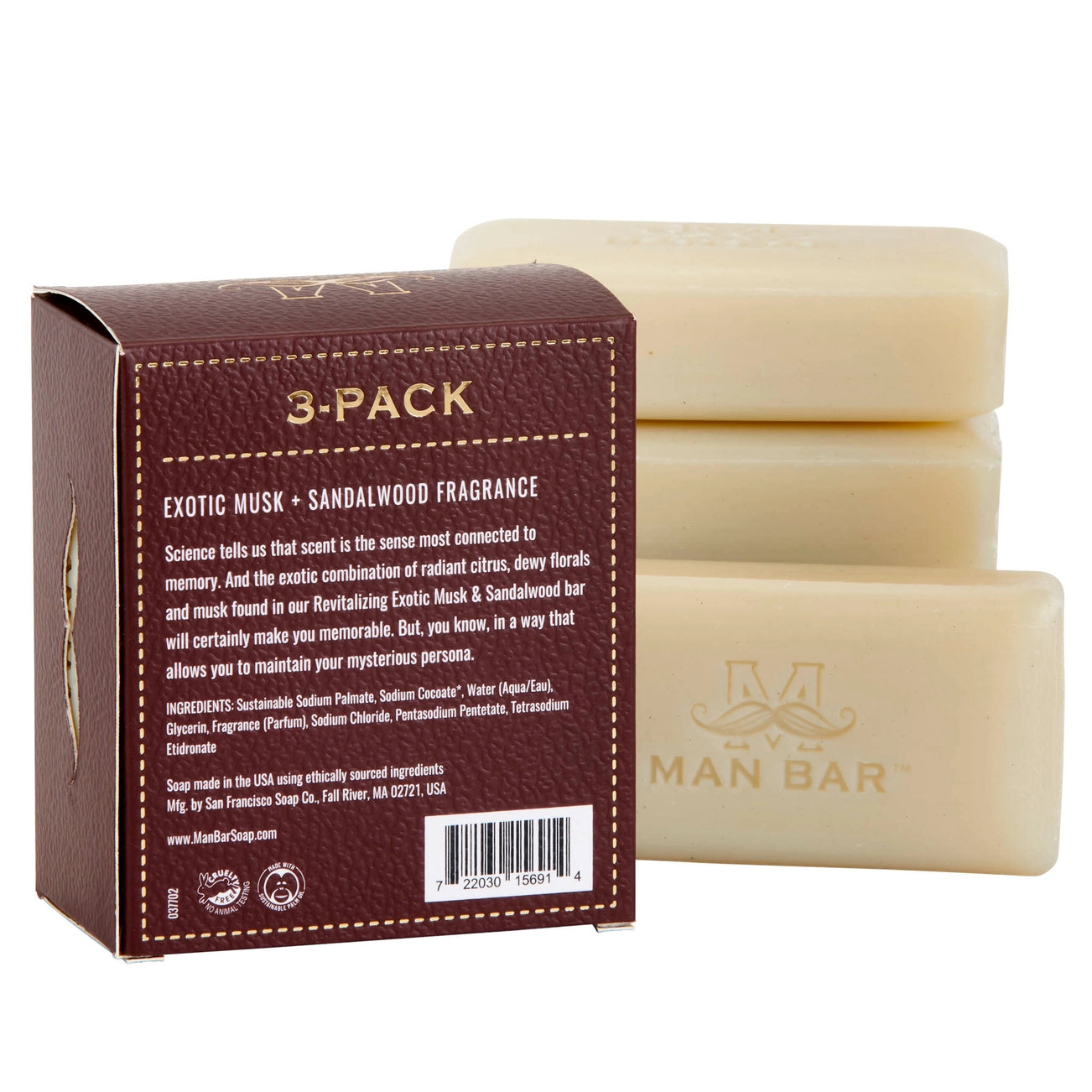 Three bars of soap with a packaging box displaying text and barcodes.