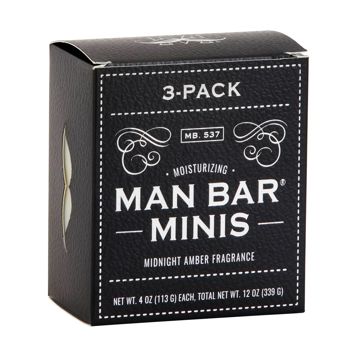 Black box packaging for Man Bar Minis 3-pack with white text on a white background