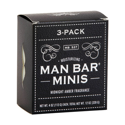 Black box packaging for Man Bar Minis 3-pack with white text on a white background