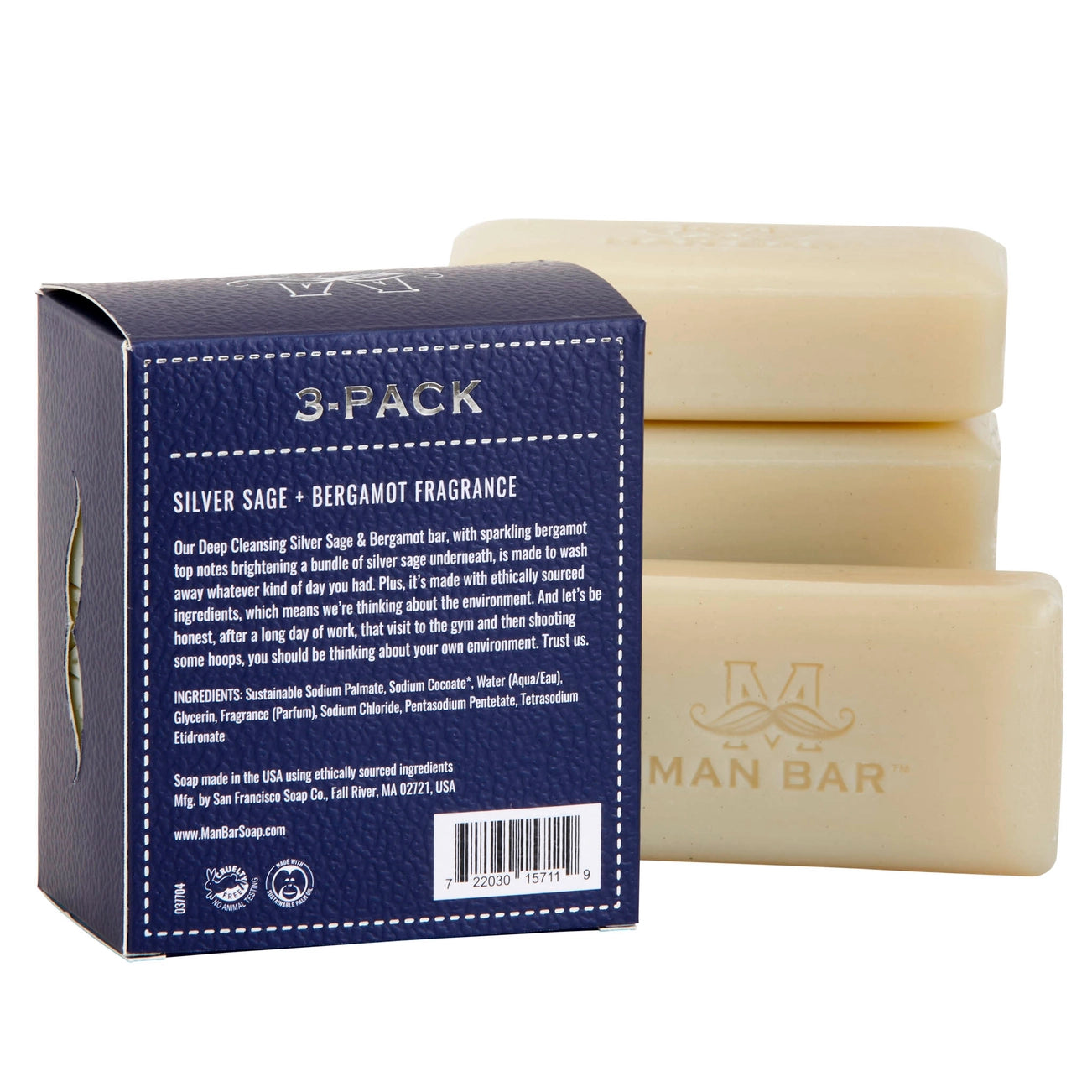 Three bars of soap with packaging on a white background
