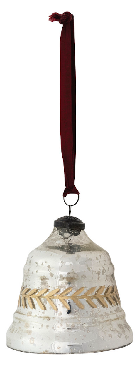 Etched mercury glass bell ornament with burgundy velvet ribbon and gold decorative motif