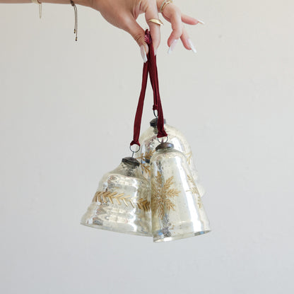 Mercury glass bell ornaments with burgundy velvet ribbon, gold etched snowflake accents