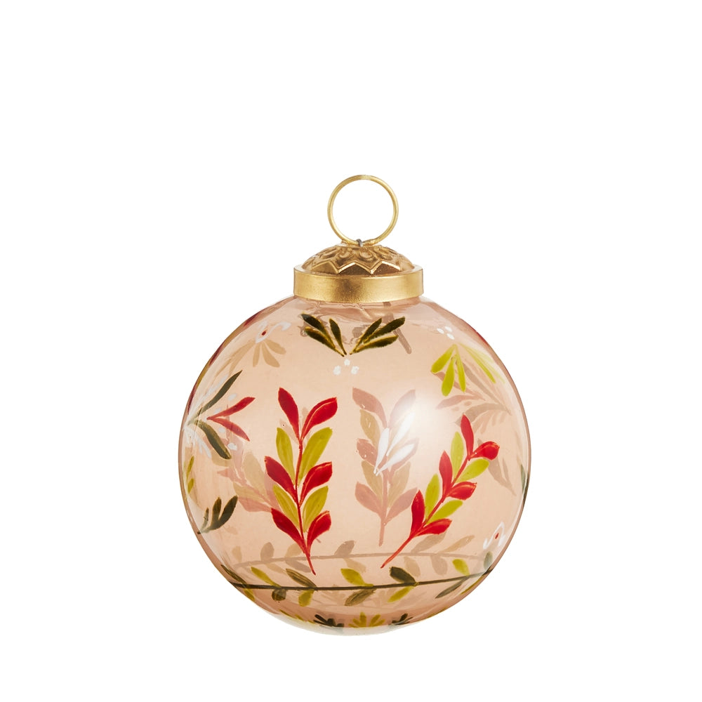 Peach floral glass ornament ball with gold cap and hanging loop