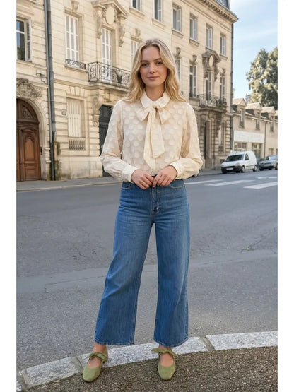 Tie Neck Polka Dot Puff Sleeve Blouse