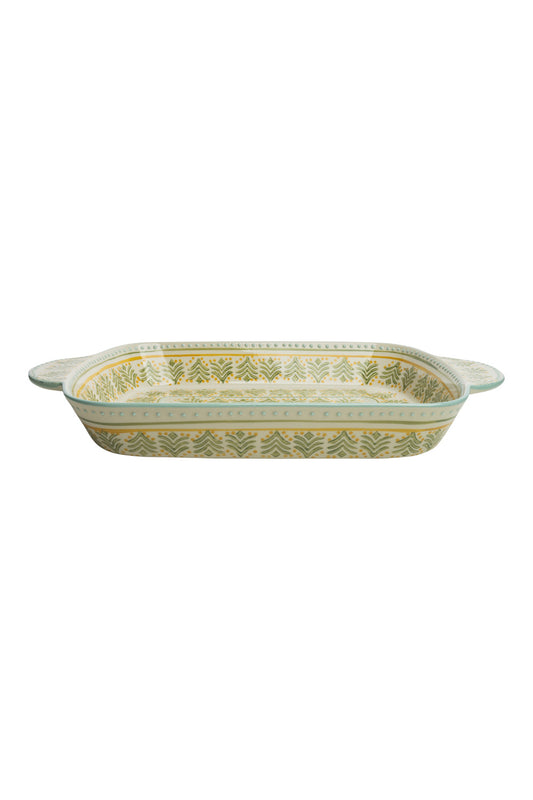 Rectangular ceramic baking dish with decorative patterns on a white background