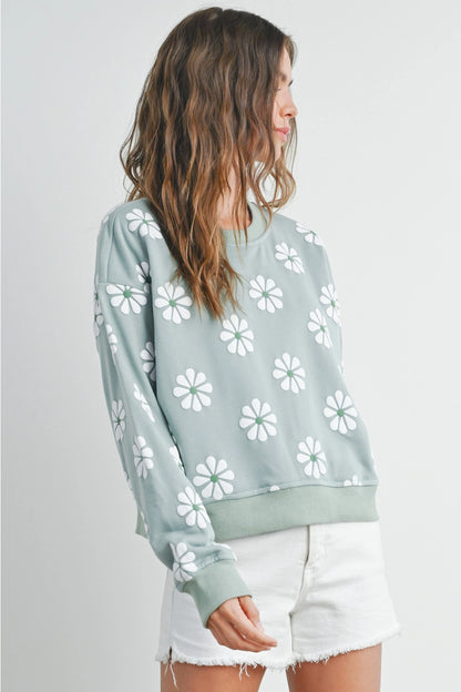 lightweight daisy sweatshirt in min shown on model with white shorts 