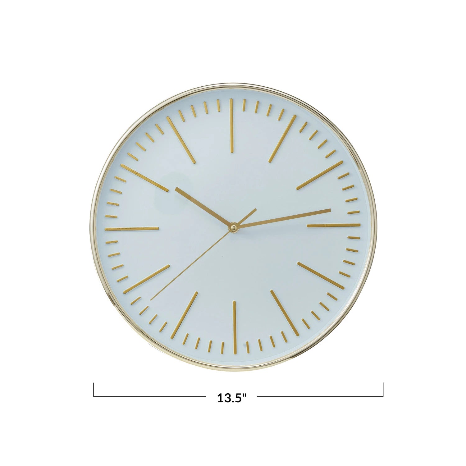 A round white and gold wall clock with a minimalistic design, featuring minute lines without numbers, and a gold metallic frame.