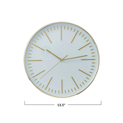 A round white and gold wall clock with a minimalistic design, featuring minute lines without numbers, and a gold metallic frame.