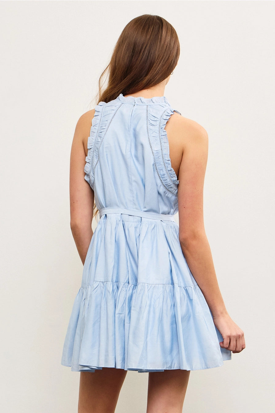 back of ruffled midi dress in light blue