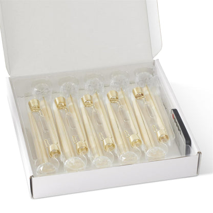 Set of 6 LED taper pendants in open box, clear glass tubes with gold caps