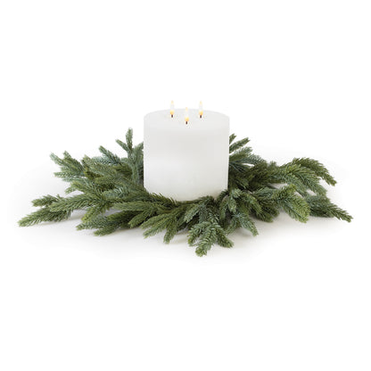 Spruce candle ring wreath with three white candles atop green branches