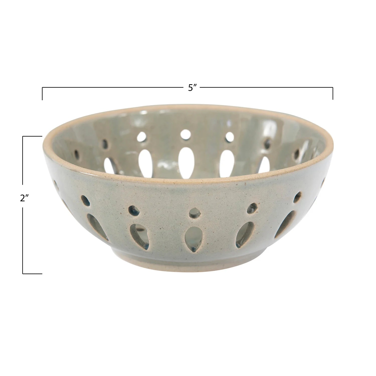 Gray ceramic bowl with perforated design on a white background