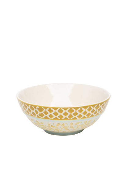 stoneware front of bowl with yellow and blue print design