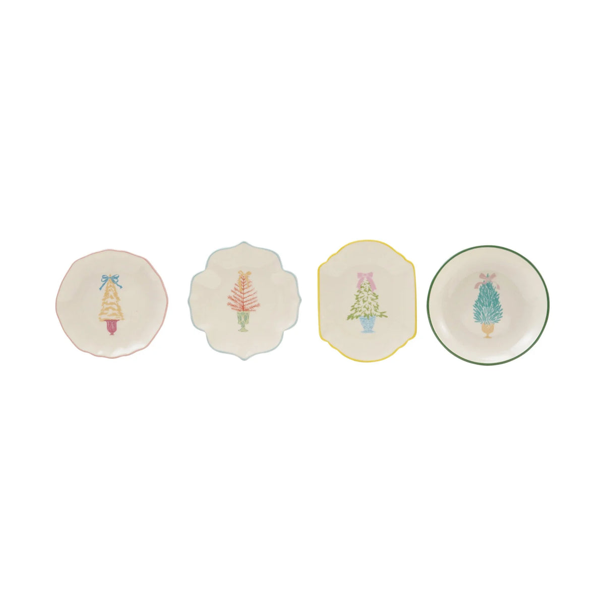 Stoneware dish set with tree motif: four small plates with colored rims, round and star shapes