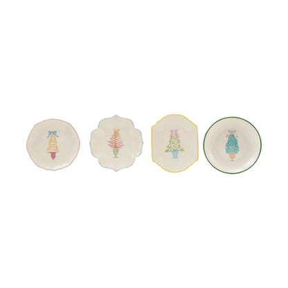 Stoneware dish set with tree motif: four small plates with colored rims, round and star shapes