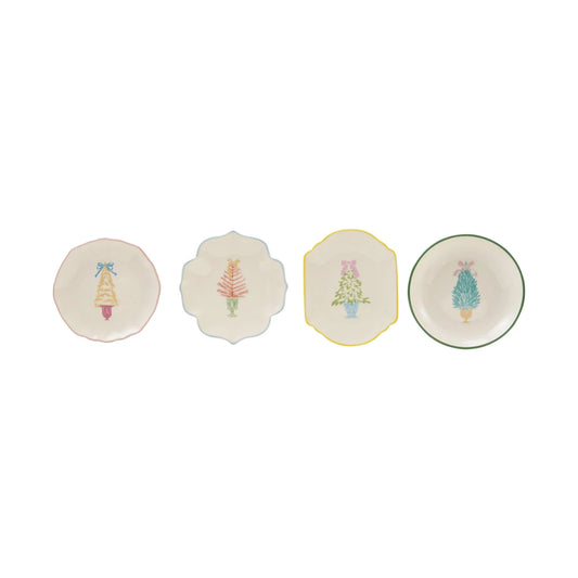 Stoneware dish set with tree motif: four small plates with colored rims, round and star shapes