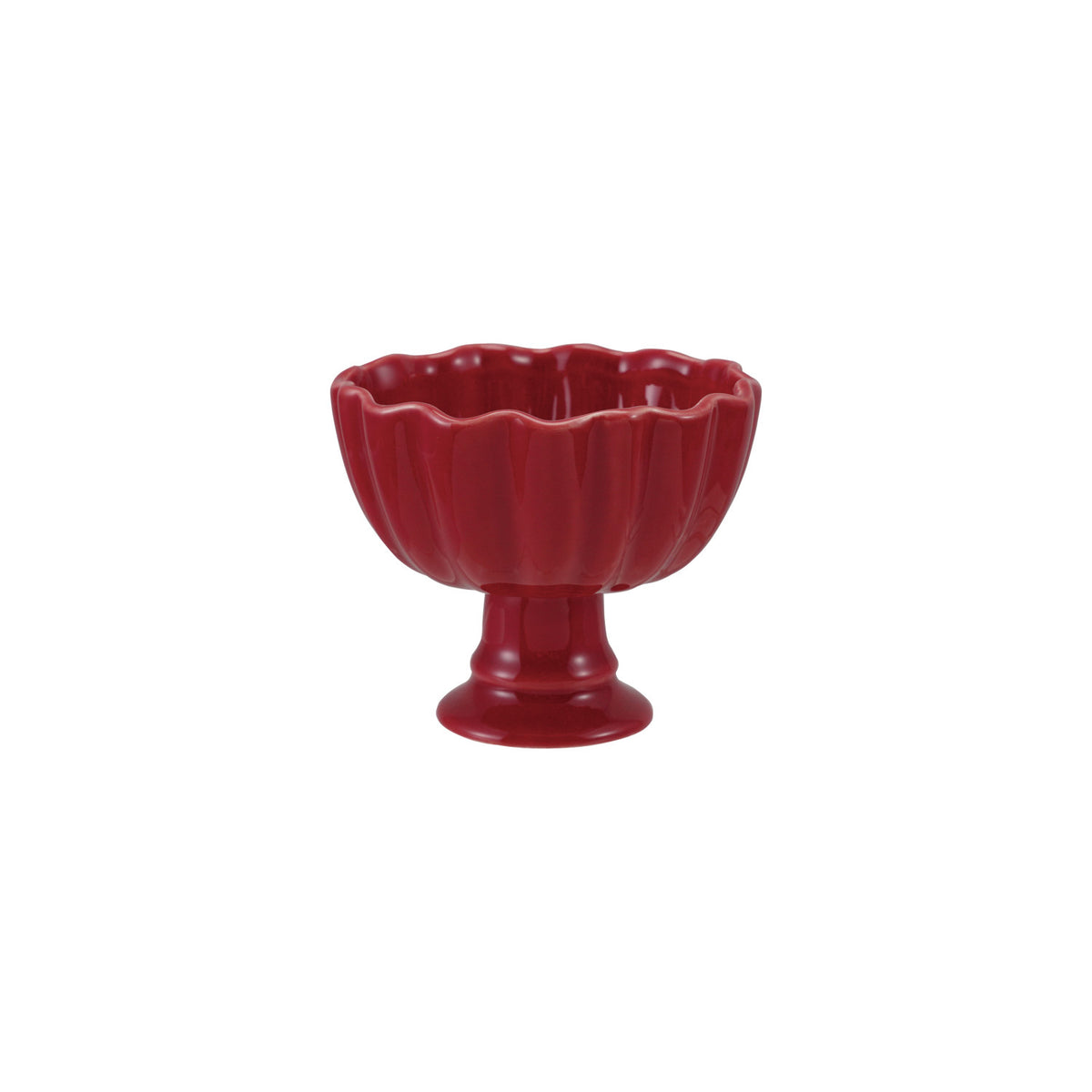 Red scalloped footed bowl with pedestal base, glazed ceramic