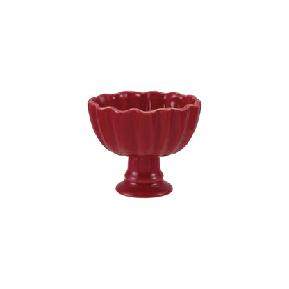 Red scalloped footed bowl with pedestal base, glazed ceramic