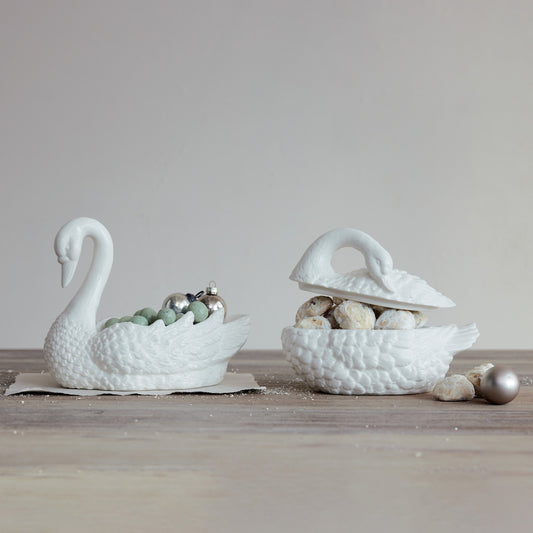 Swan stoneware dish with textured wings and open bowl, holds decorative stones (white)