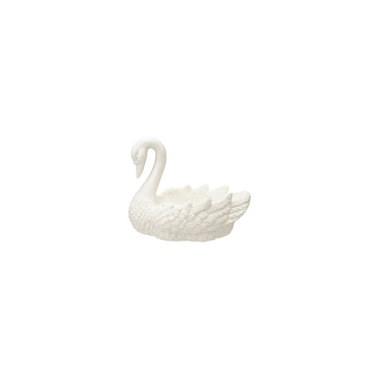 White swan stoneware dish with textured tail and raised wings, open bowl