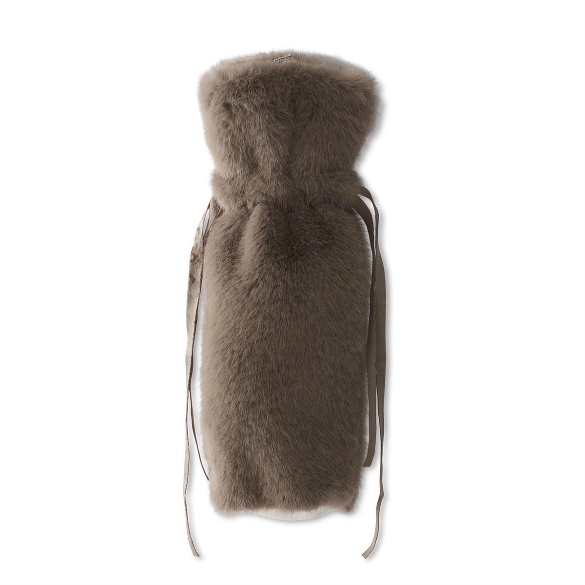 Vegan faux fur wine bag in taupe-gray, bottle-shaped with drawstring ties