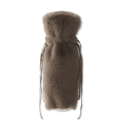 Vegan faux fur wine bag in taupe-gray, bottle-shaped with drawstring ties
