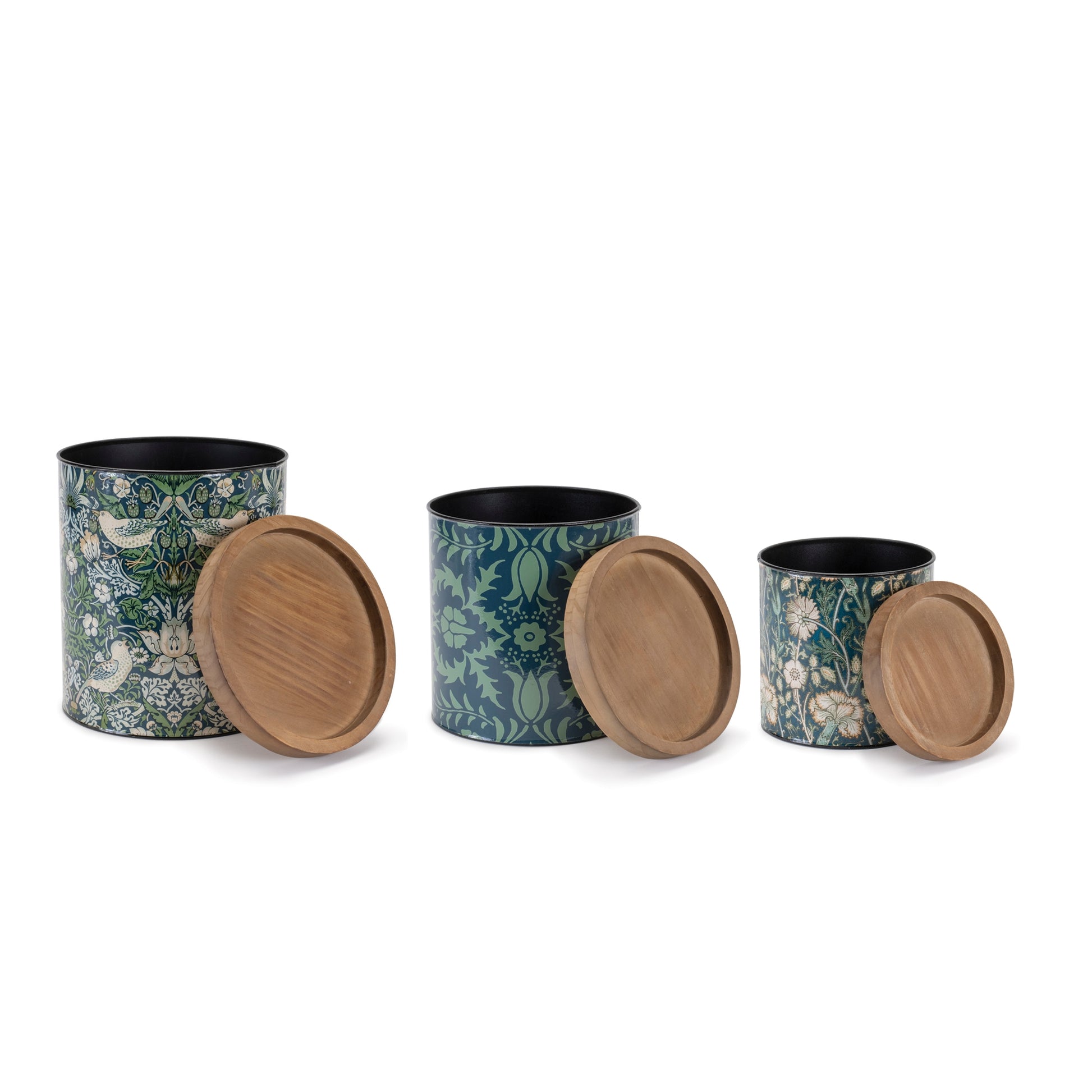 three floral printed green storage containers for kitchen organization and utensil storage with wood lids in three sizes