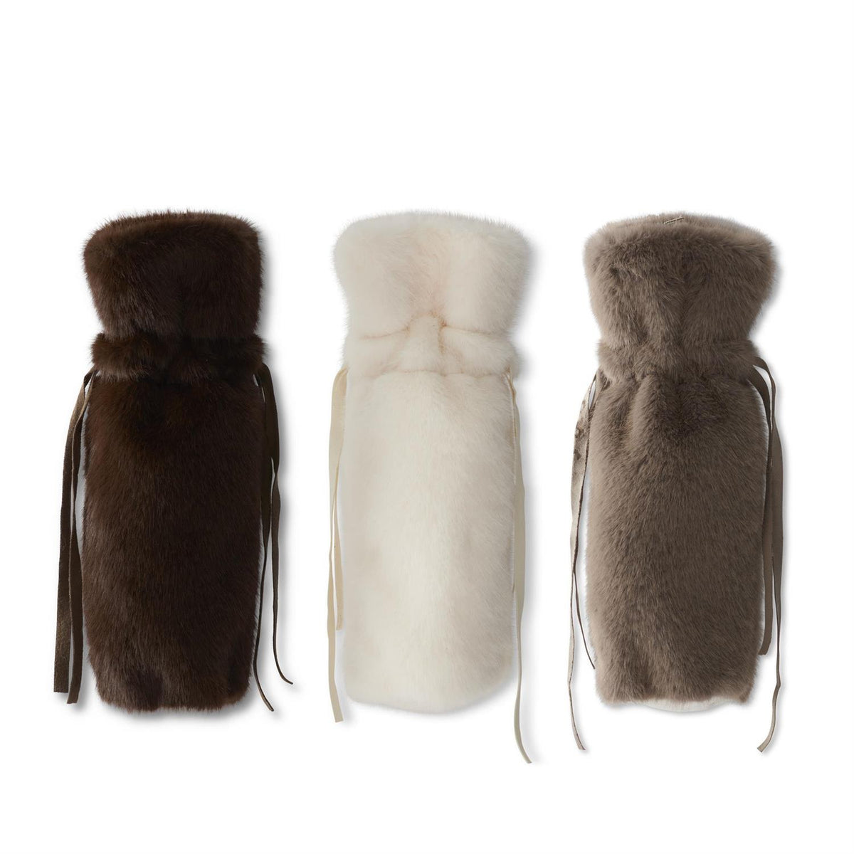 Three vegan faux fur wine bags: dark brown, white, and gray, each with drawstring ties