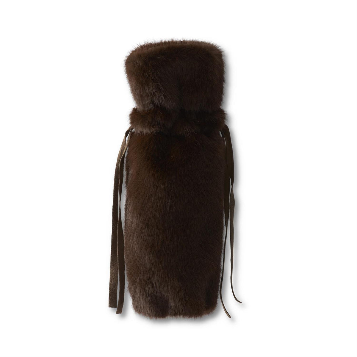 Vegan faux fur wine bag in dark brown, bottle-shaped with drawstring ties