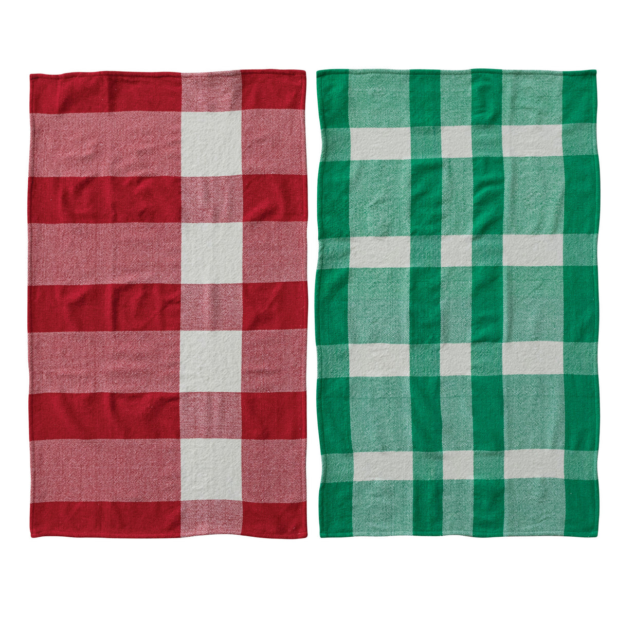 Cotton chenille tea towels, red and green buffalo check square design