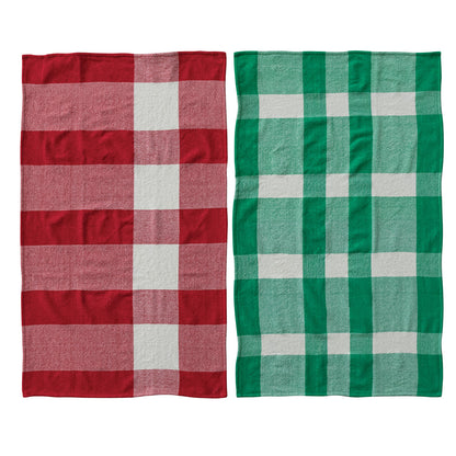 Cotton chenille tea towels, red and green buffalo check square design