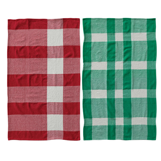 Cotton chenille tea towels, red and green buffalo check square design