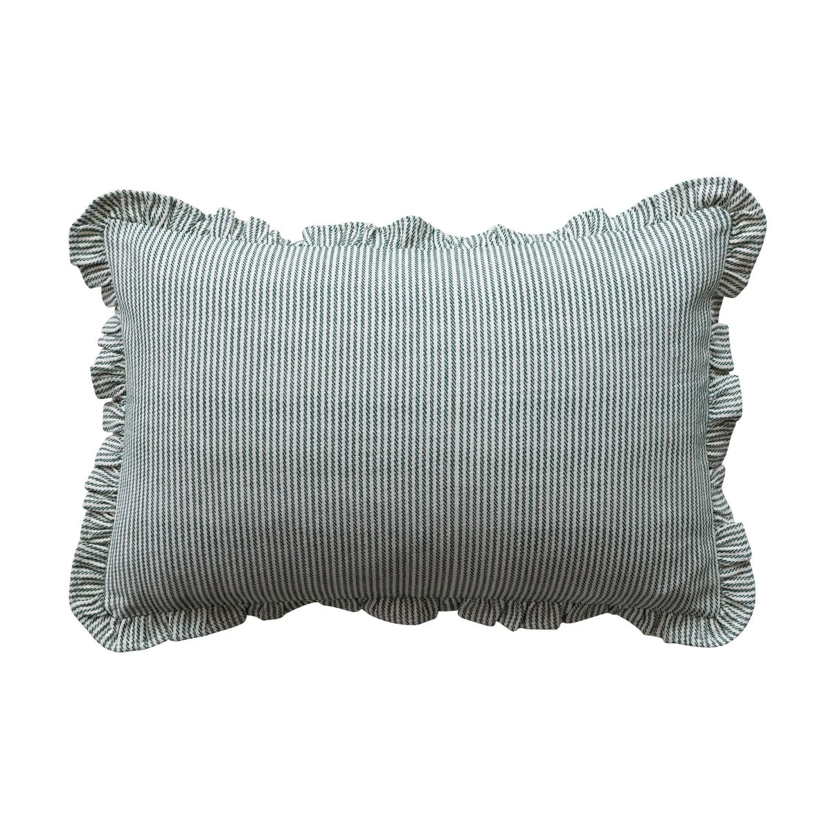 Striped woven ruffle pillow in light blue and white with decorative ruffled border