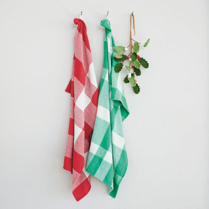 Cotton chenille tea towel set, red and green buffalo check pattern