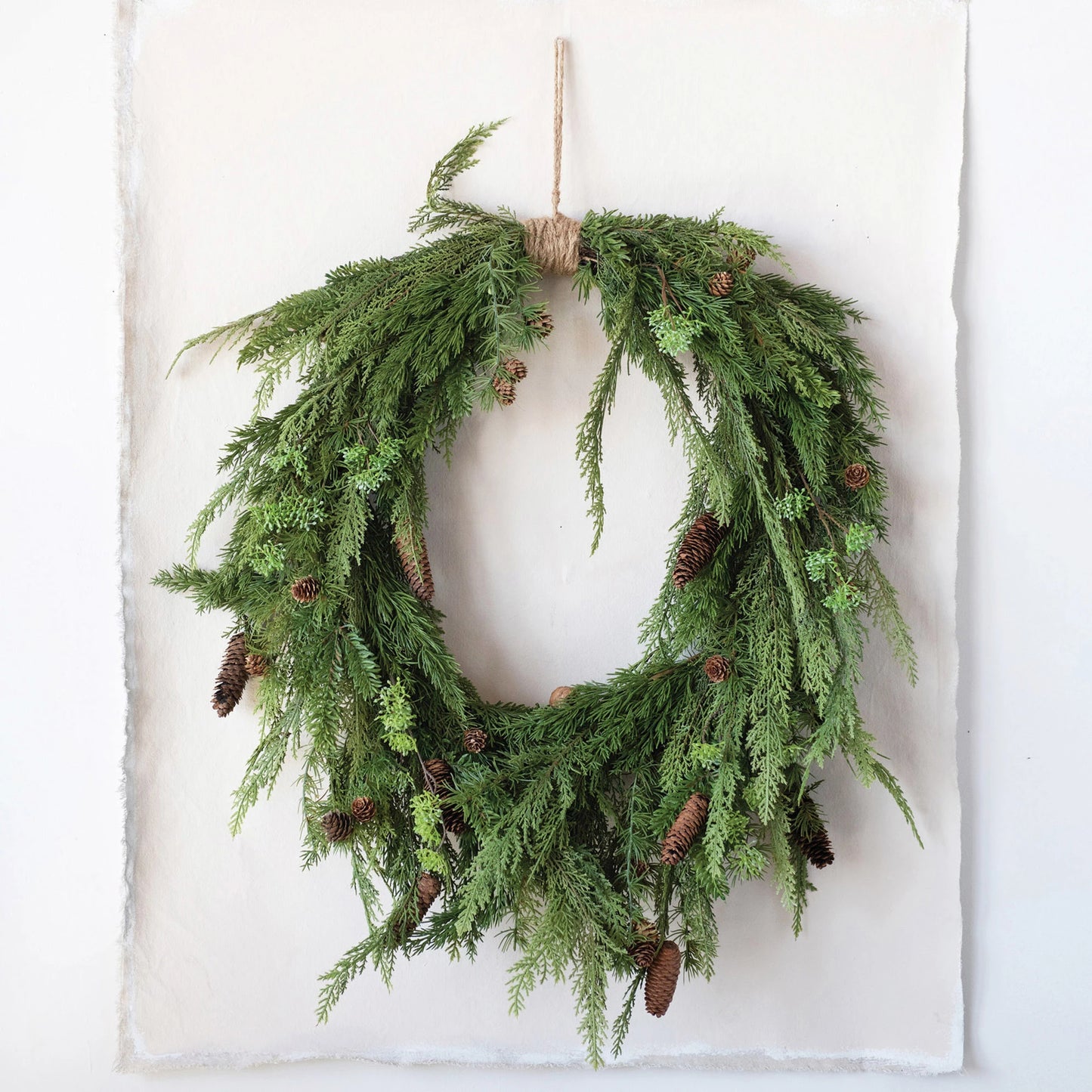 Faux Pine Wreath with Pinecones and Jute Hanger