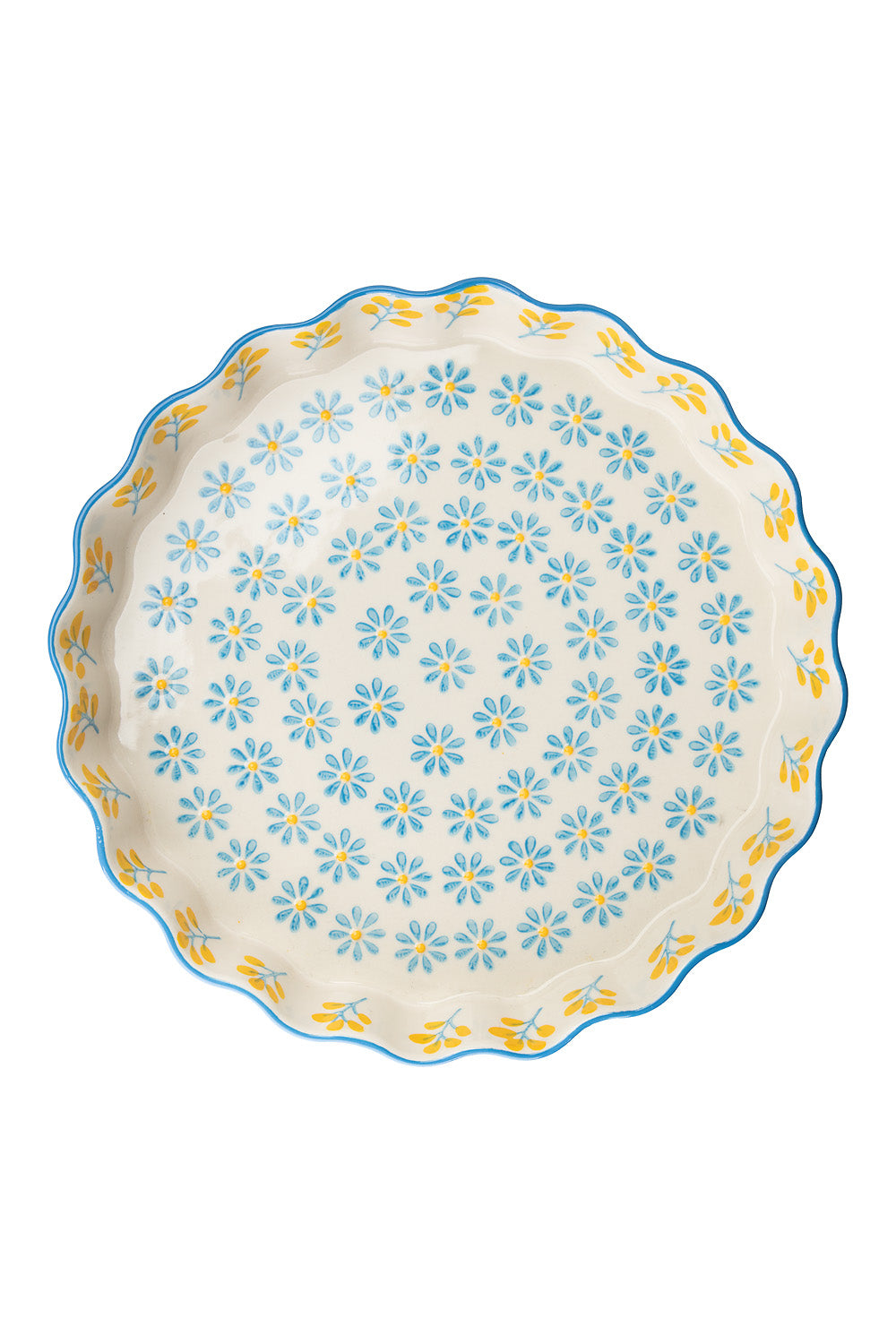 stoneware baking quiche and tart dish with a retro floral hand stamped pattern